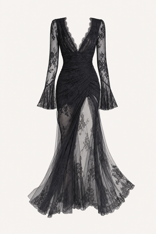 Sheer Sleeve Lace Gown With Thigh Slit