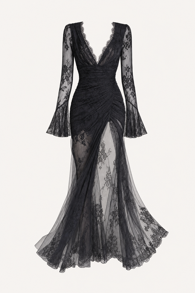 Sheer Sleeve Lace Gown With Thigh Slit
