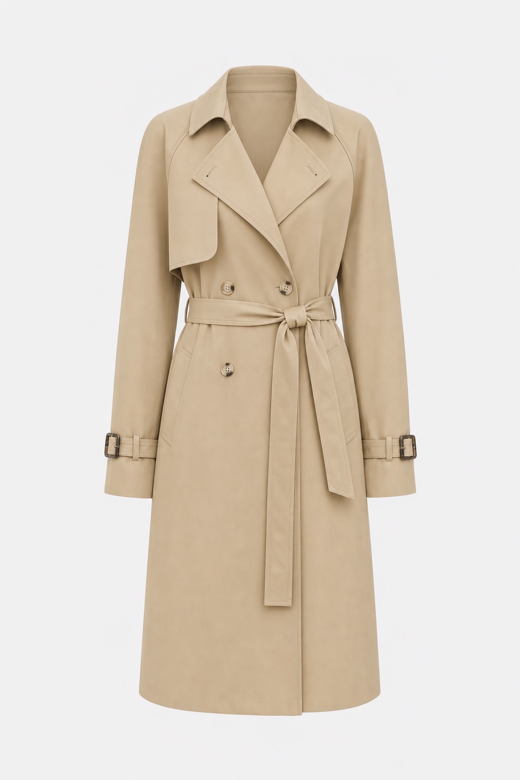 Khaki Belted Trench Coat with Double-Breasted Lapel - 1