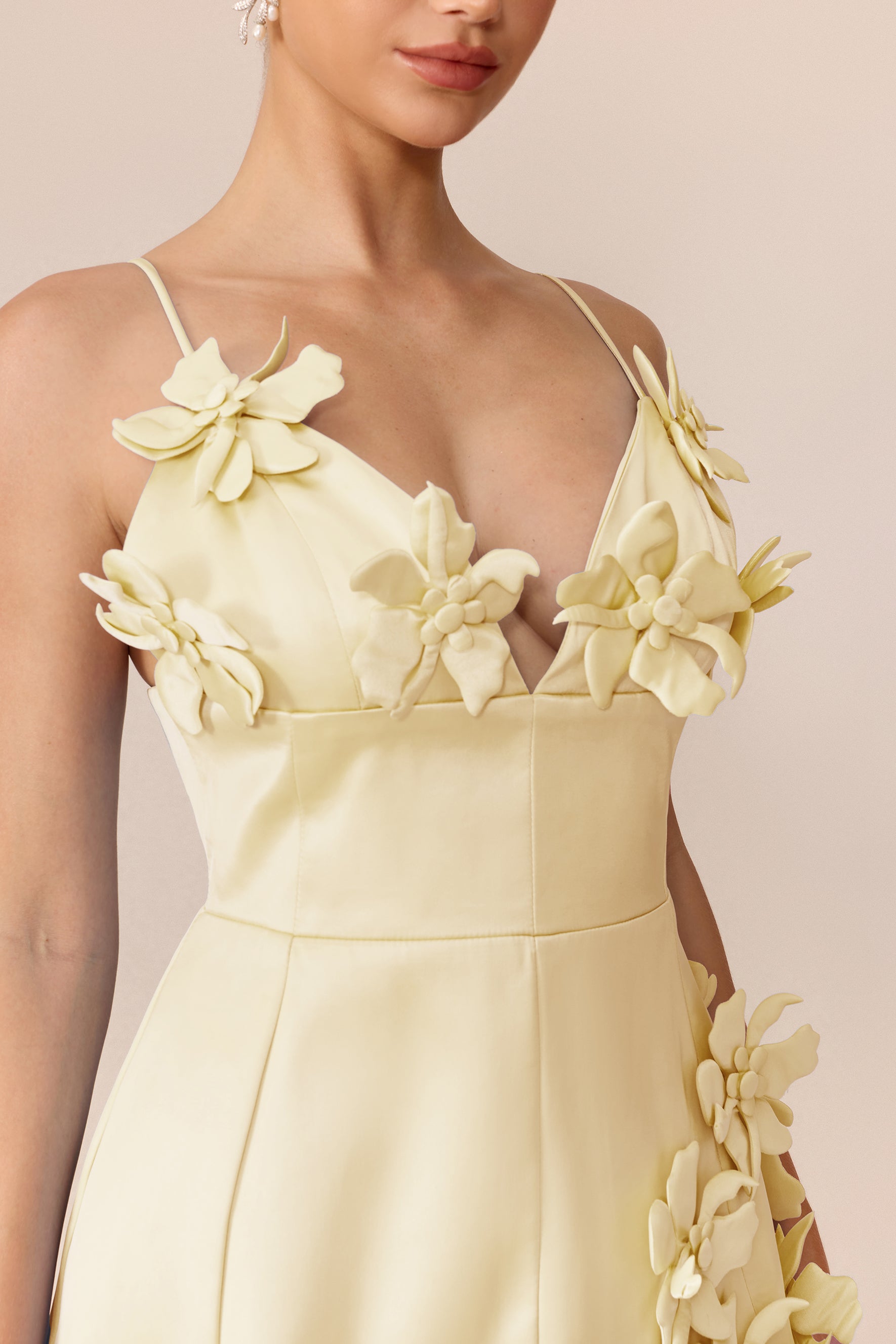 Yellow satin V-neck mini dress with floral applique - view 5