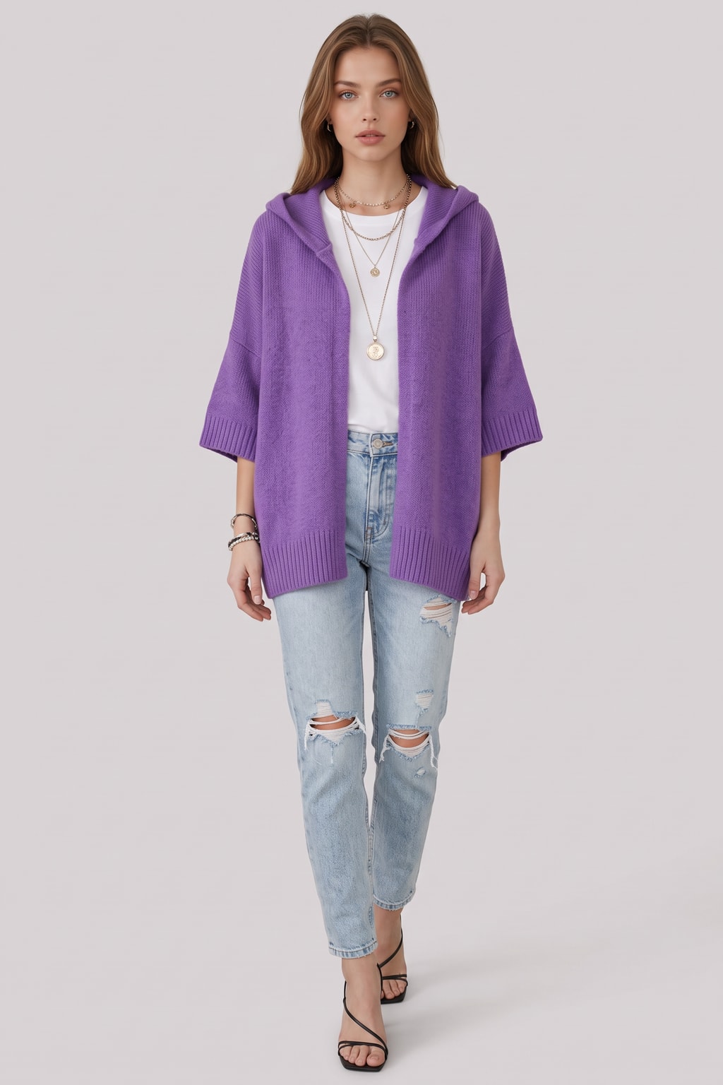 Cozy Knit Cardigan with Hooded Open Front - 7