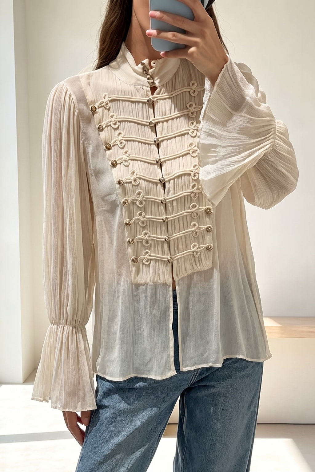 Beige Polyester Button-Down Shirt With Ruffle Sleeves - 4