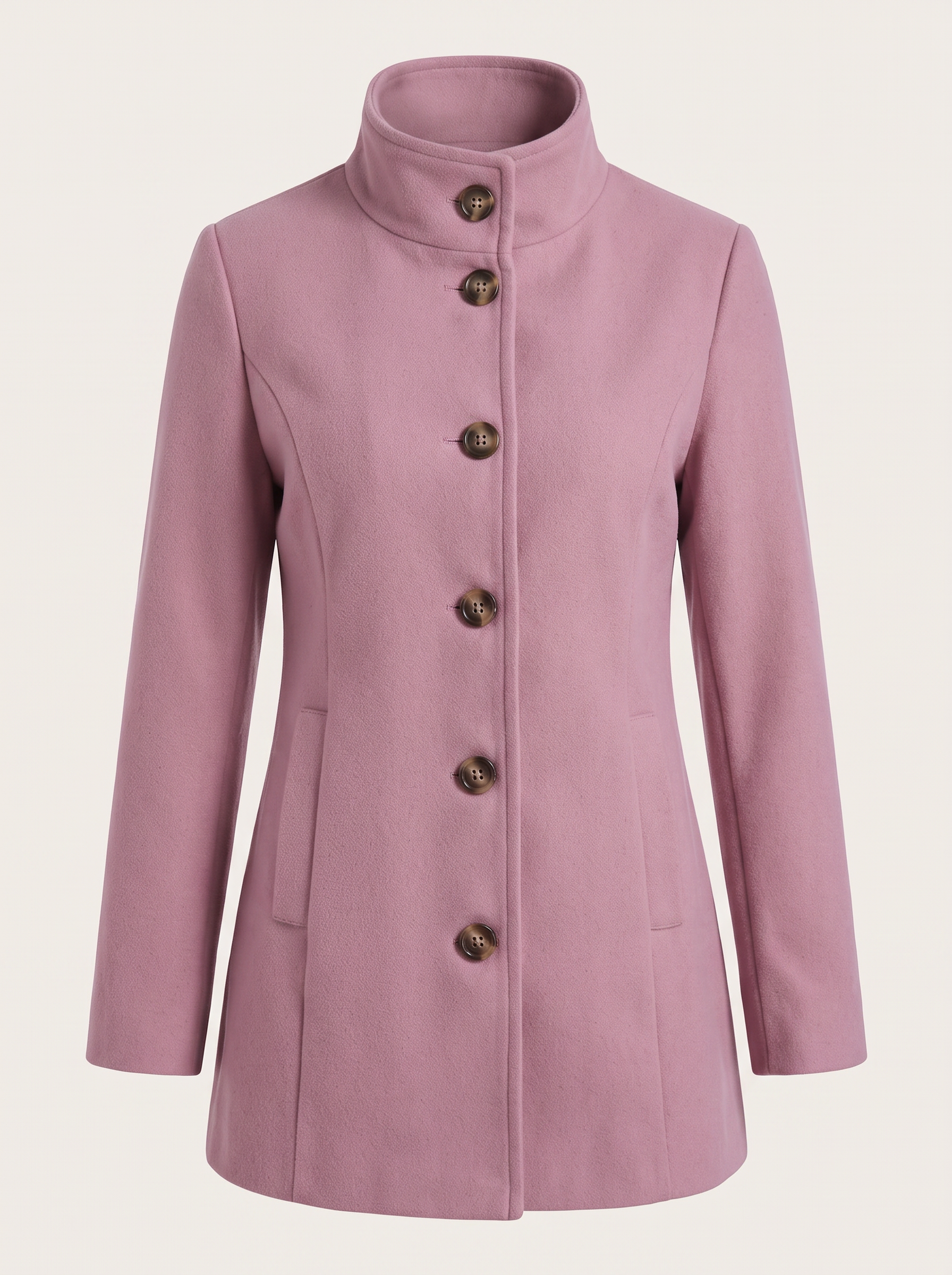 Waist-cinching mid-length coat with stand collar