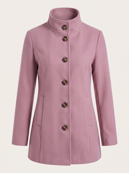 Waist-cinching mid-length coat with stand collar