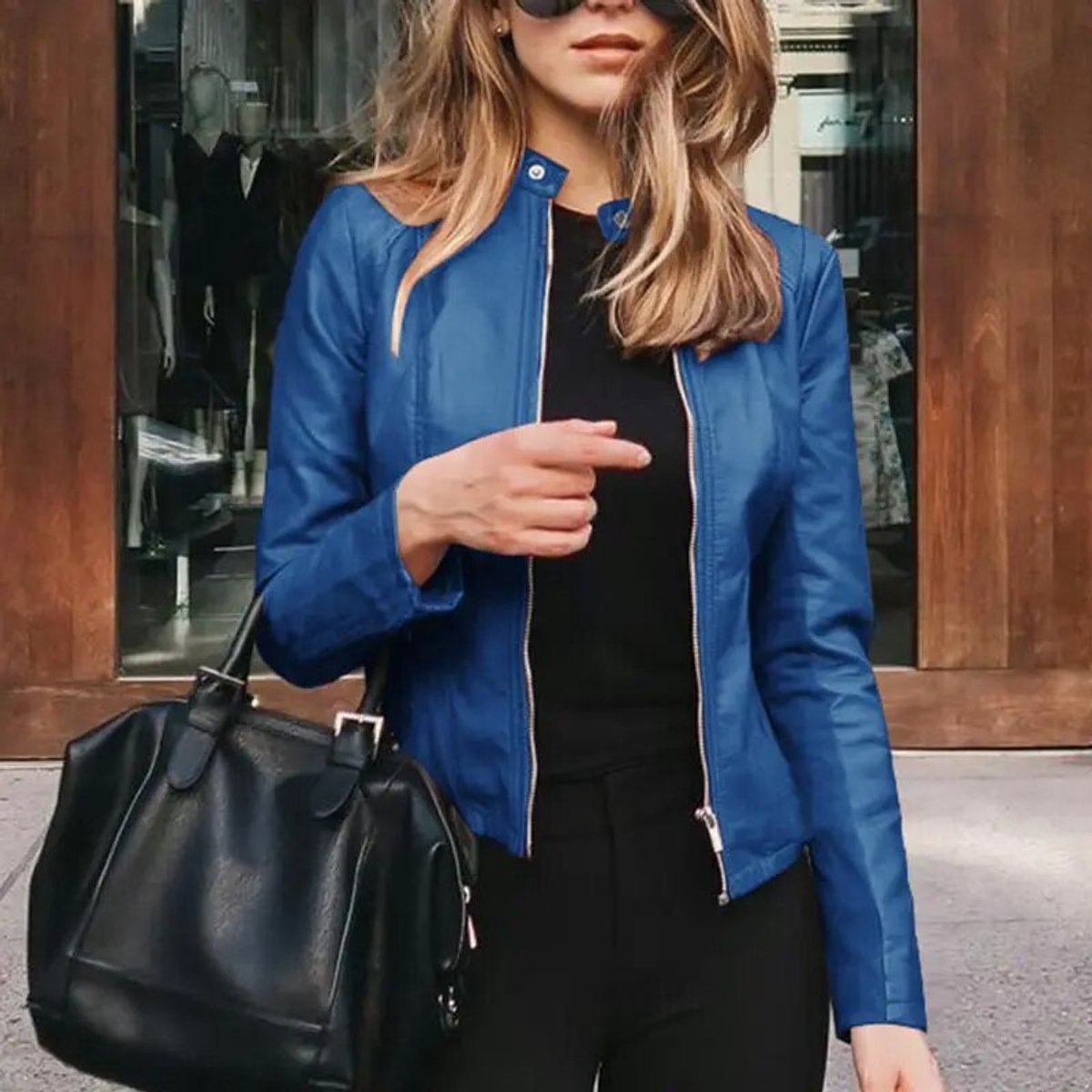 Faux Leather Moto Jacket with Band Collar - view 4