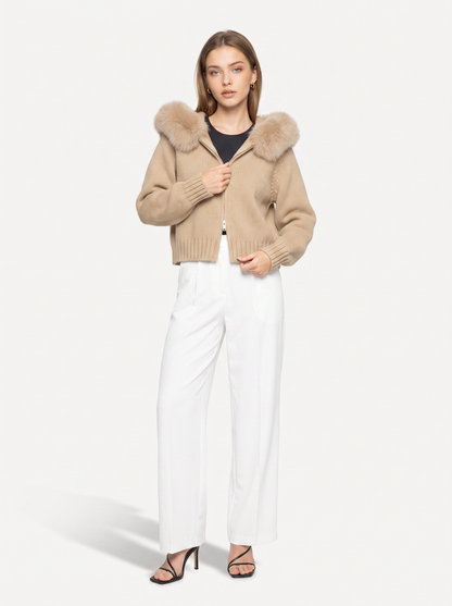 Wool jacket with faux fur-lined hood - view 5