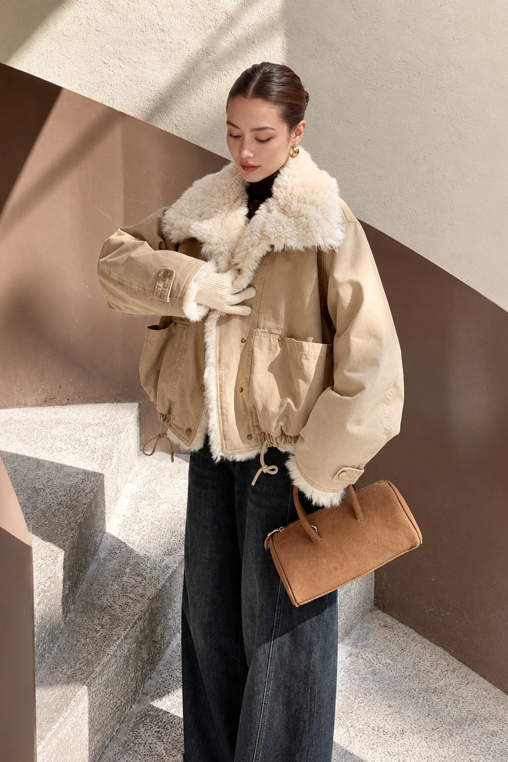 Polyester Jacket Cropped Fur Collar - 1