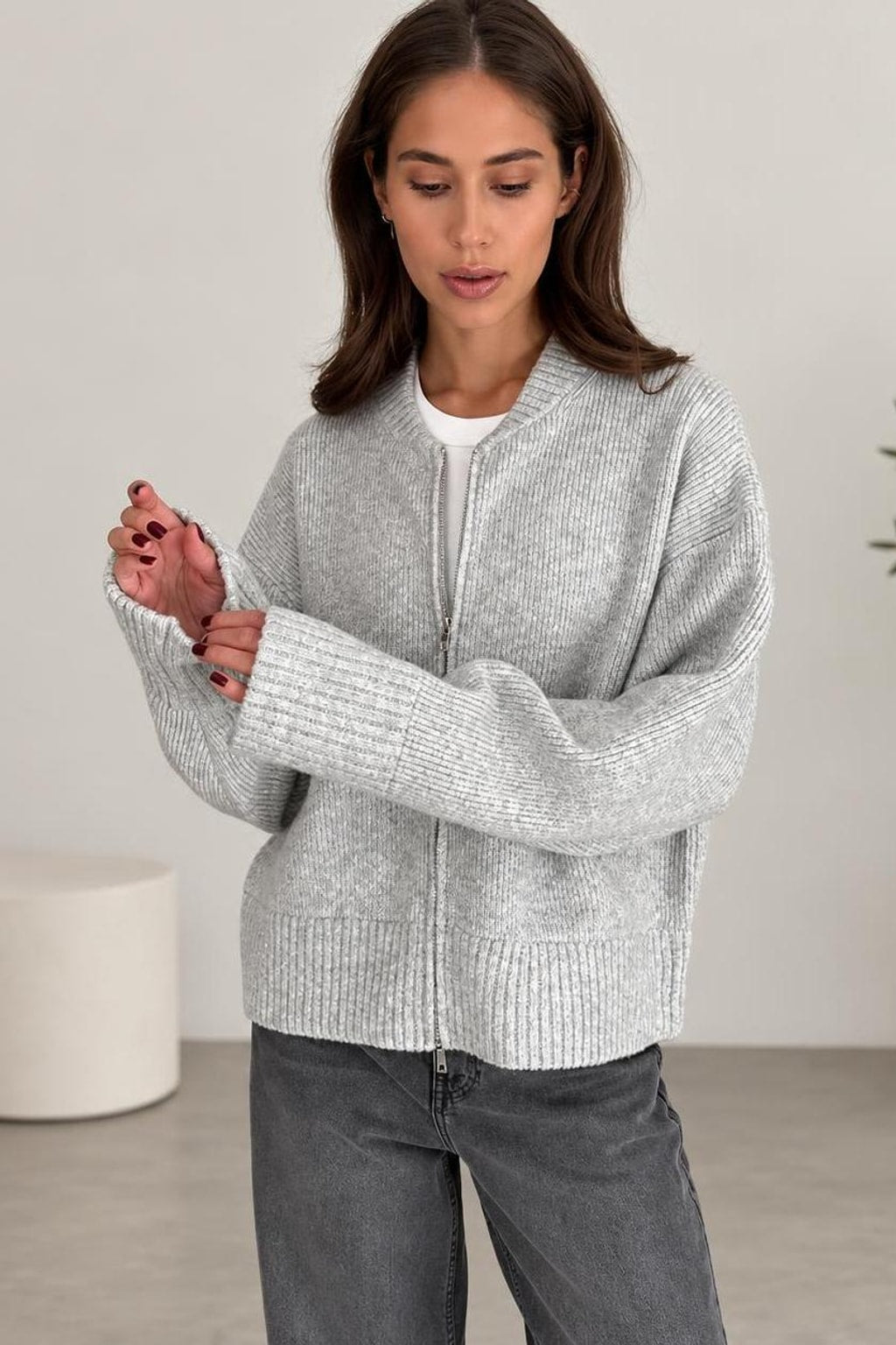 Polyester Zip-Up Cardigan With O-Neck Collar - 3