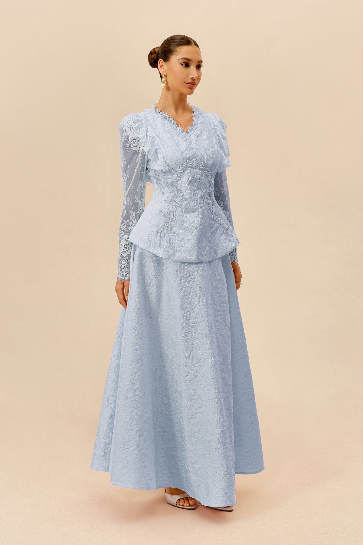 Blue beaded embroidery jacket and skirt set - view 5
