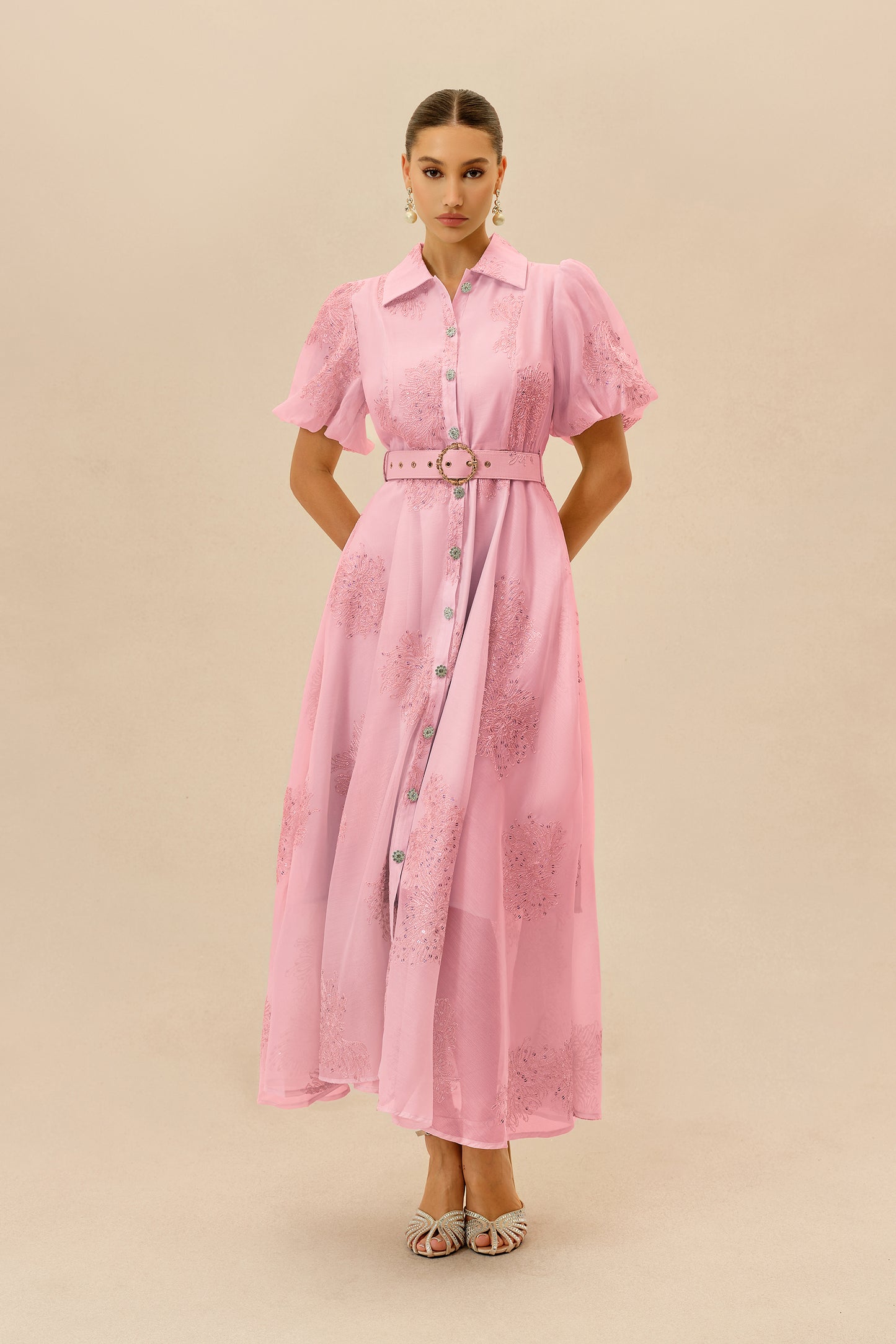 Pink Embroidered Belted Shirt Maxi Dress - view 2
