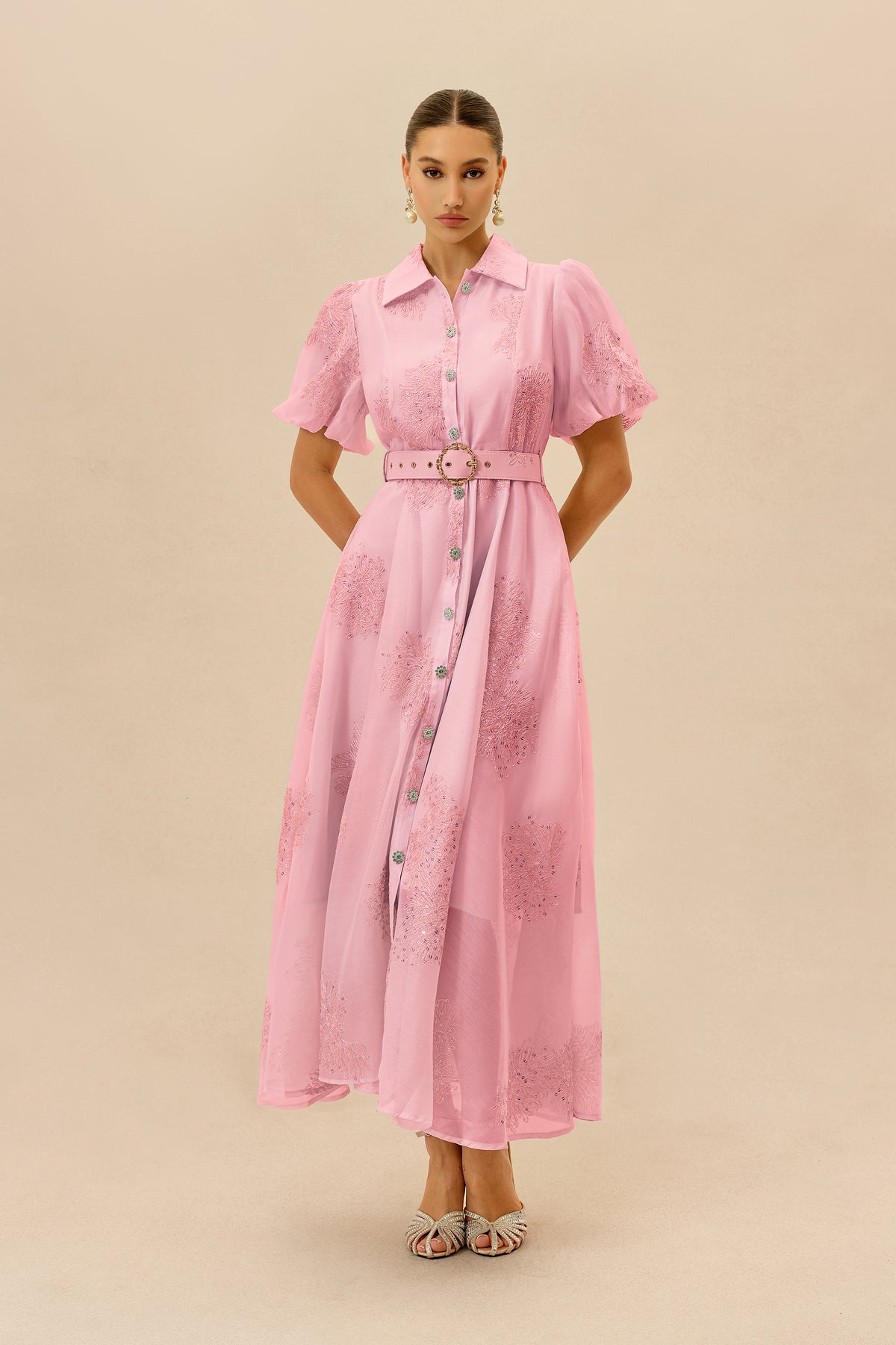 Pink Embroidered Belted Shirt Maxi Dress - view 2
