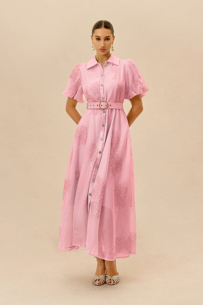 Pink Embroidered Belted Shirt Maxi Dress - view 2