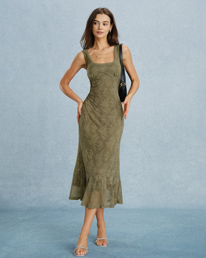 Green Floral Lace Square Neck Midi Dress - view 2