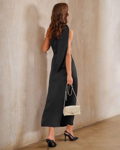 One-Shoulder A-Line Maxi Dress in Black - view 4