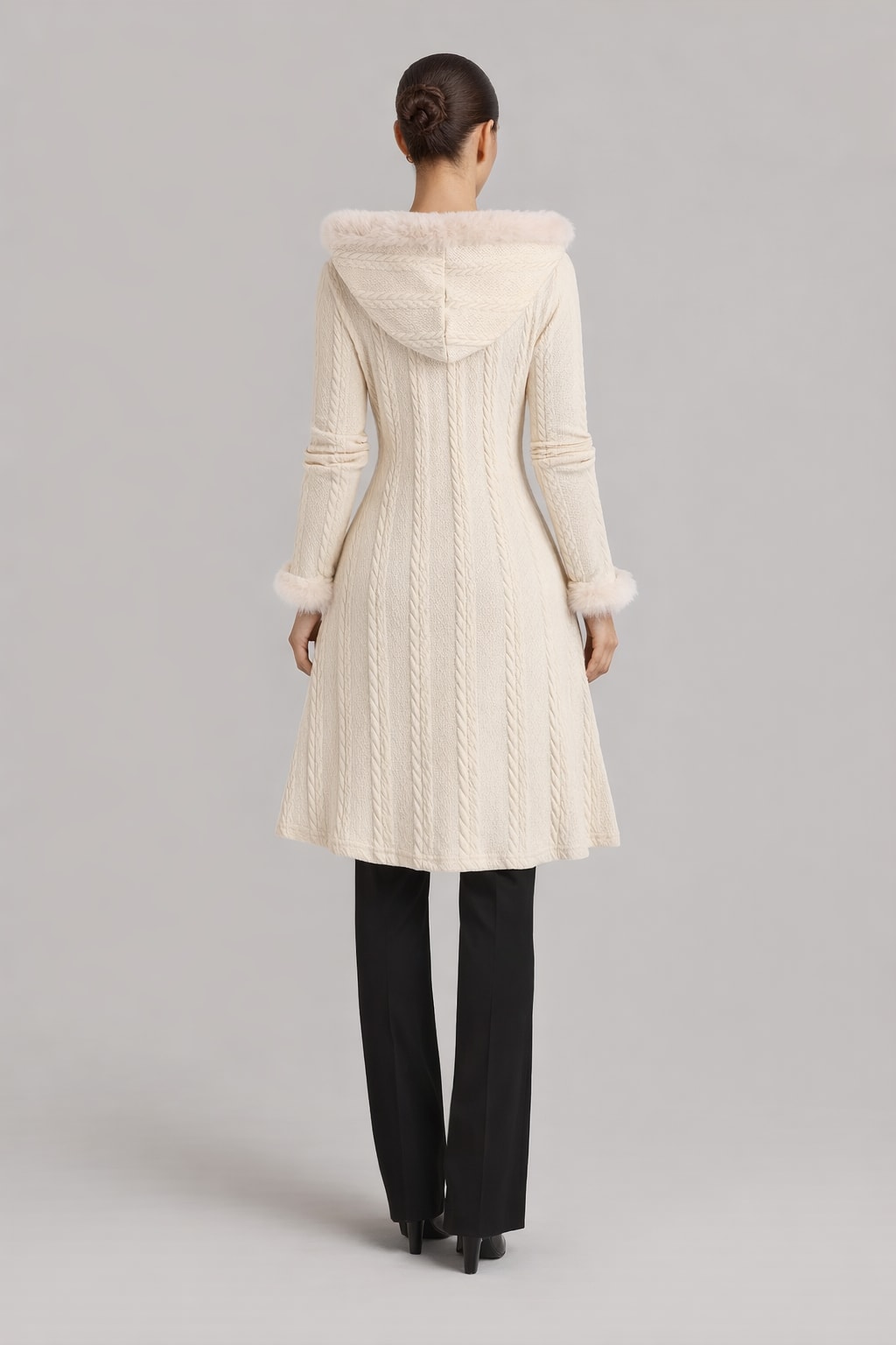 Knit Hooded Overcoat With Checkered Patchwork - 2