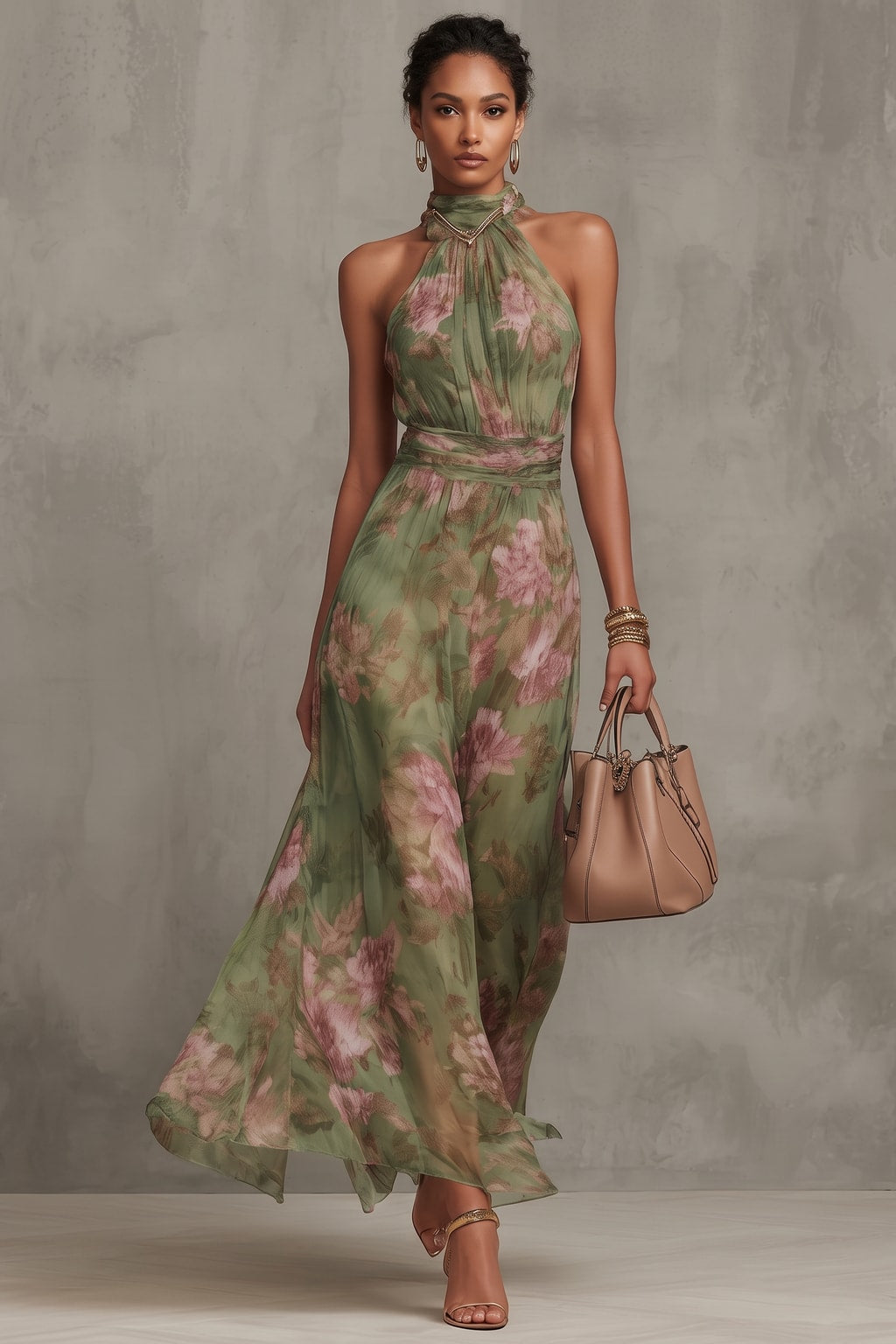 Floral Halter Maxi Dress With Flared Skirt - 2