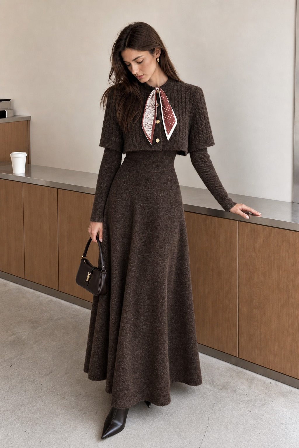 Knit Three-Piece Set With Scarf Collar - 4