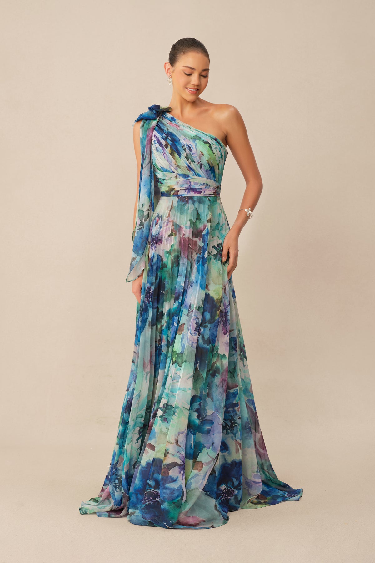 Blue One-Shoulder Pleated Chiffon Maxi Dress - view 2