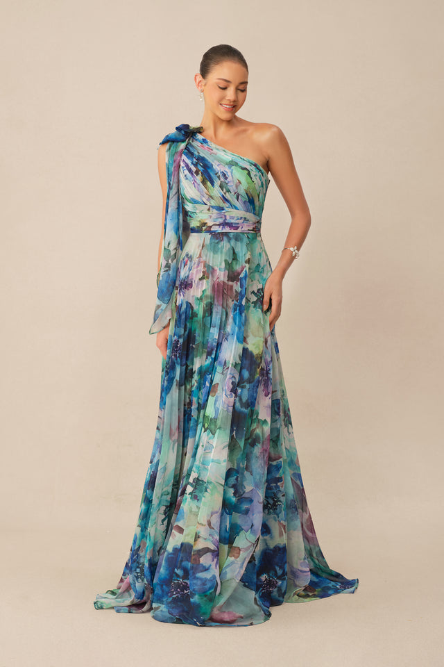 Chiffon One-Shoulder Pleated Maxi Dress - 2