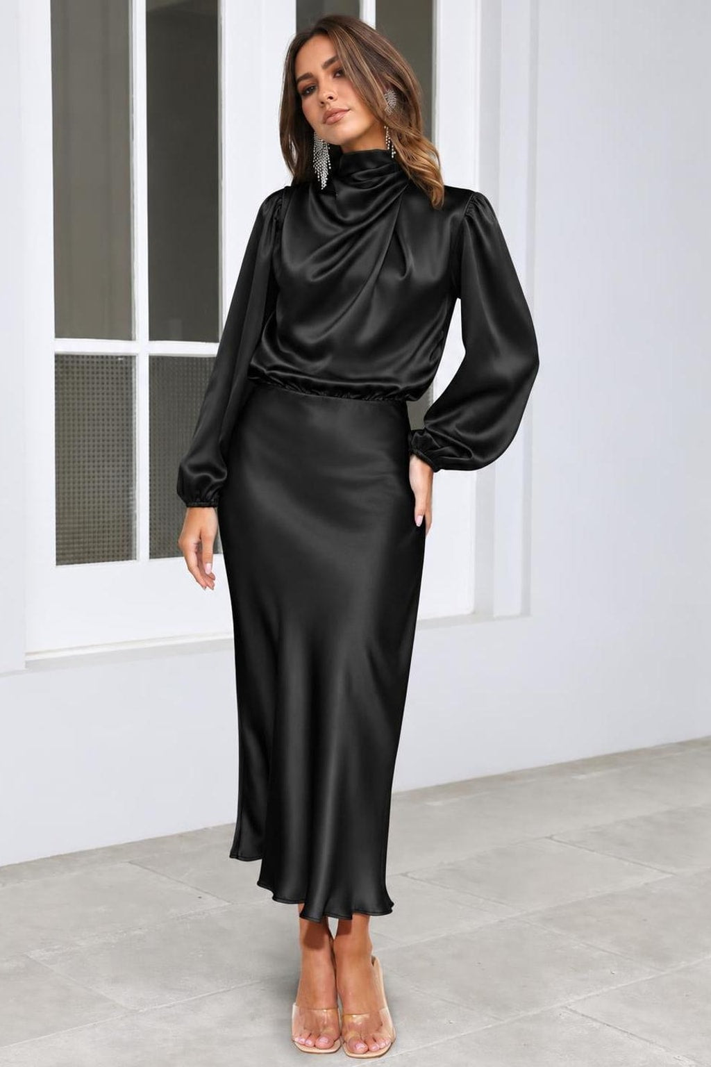 Satin High-Neck Midi Dress - 8