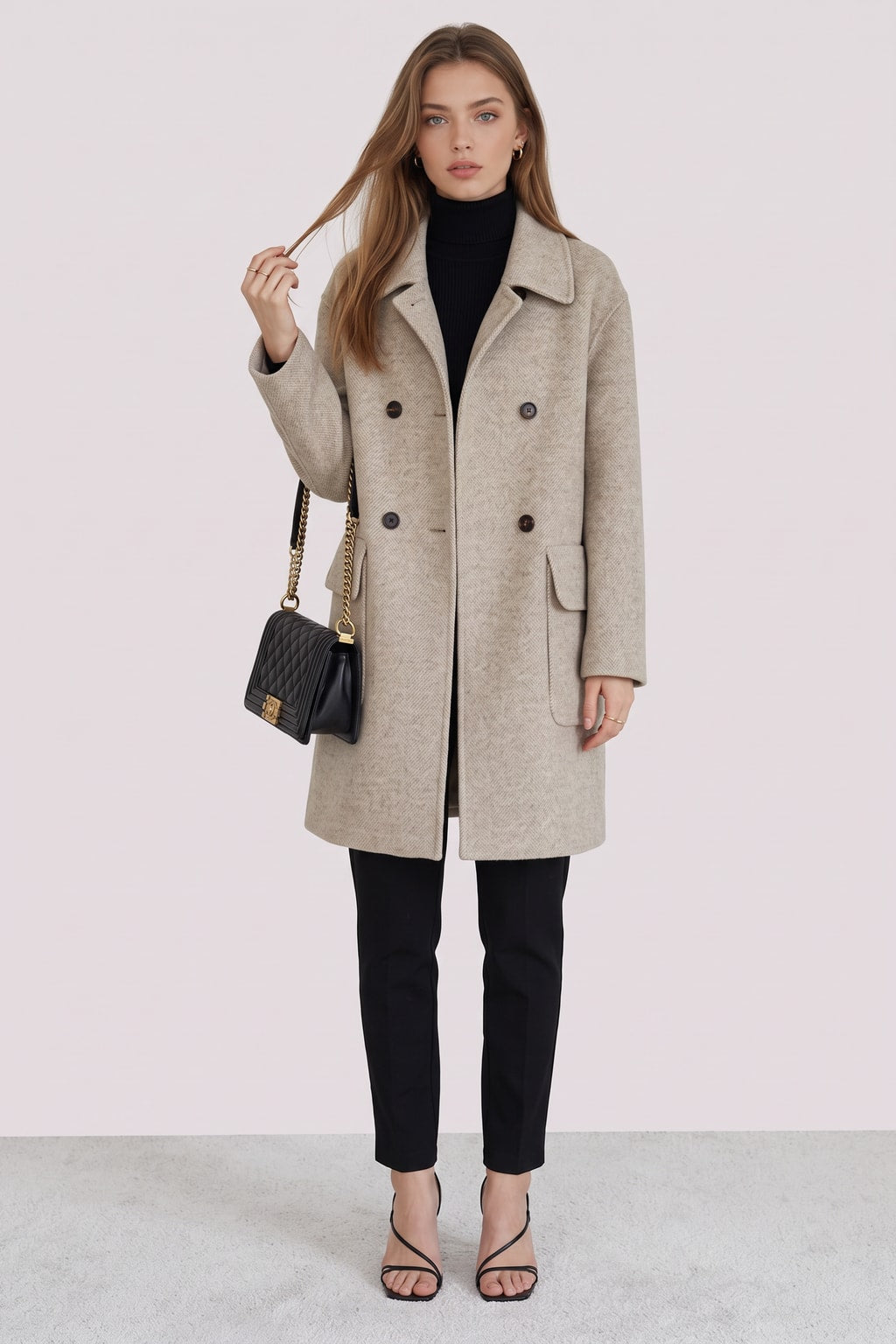 Wool Blend Double Breasted Coat with Notch Lapel - 3