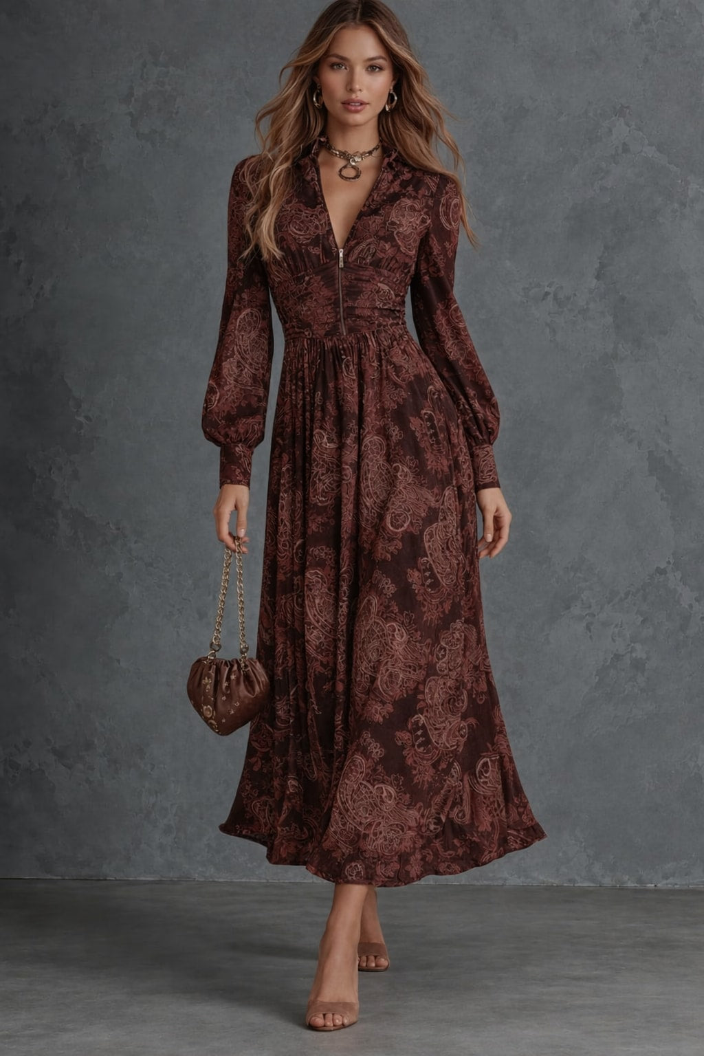 Cotton Shirt Dress With Maxi Length And Dark Brown Check - 3