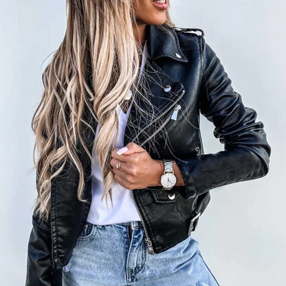 Leather jacket with stand collar and belted waist - view 6