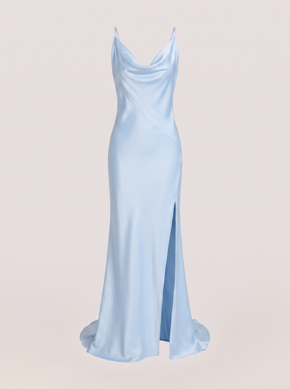 Blue satin cowl neck maxi dress with high side slit