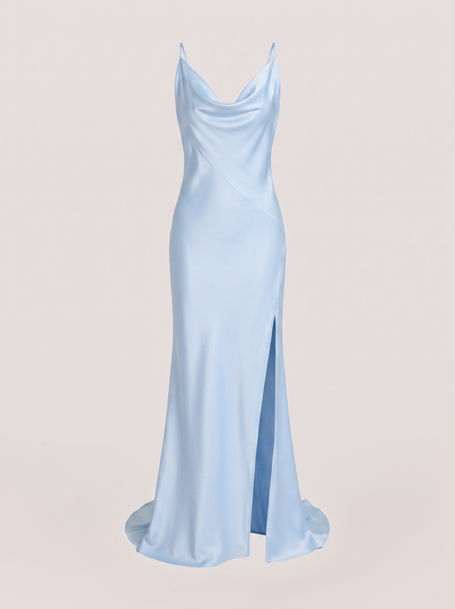 Blue satin cowl neck maxi dress with high side slit