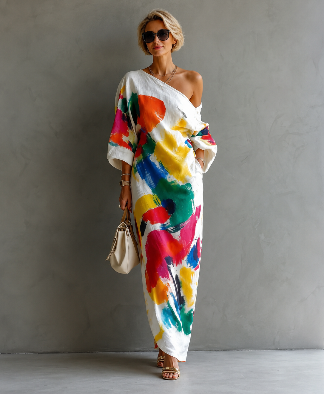 Textured abstract print one-shoulder maxi dress - view 2