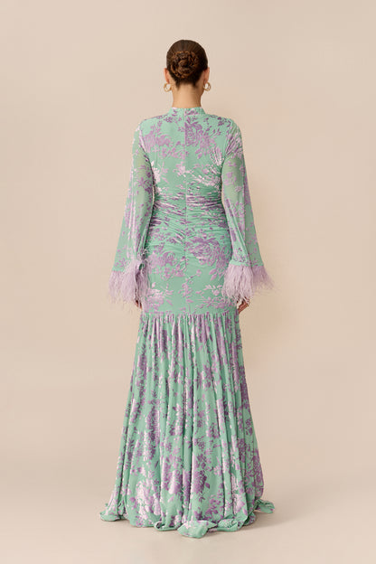Blue velvet floral maxi dress with feather cuffs - view 4
