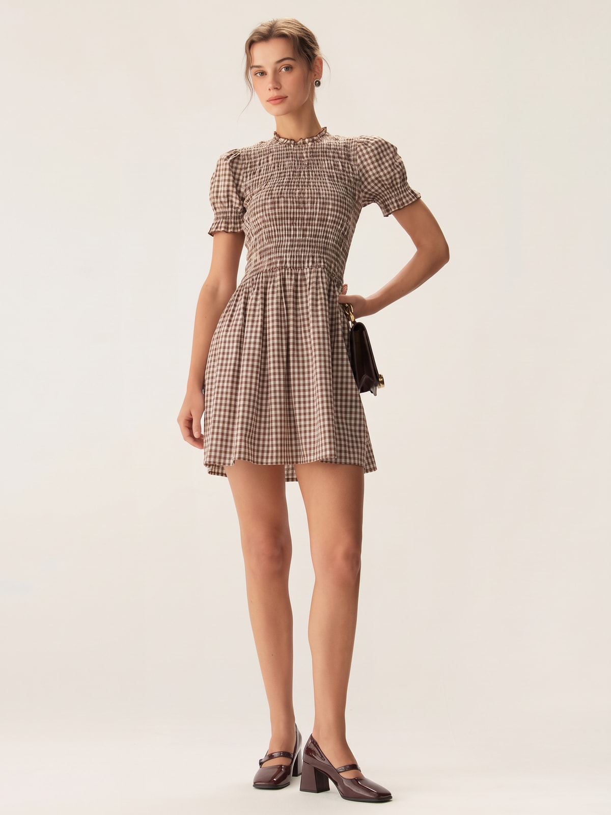 Gingham Mini Dress with Puffed Sleeves and A-Line Fit - 4