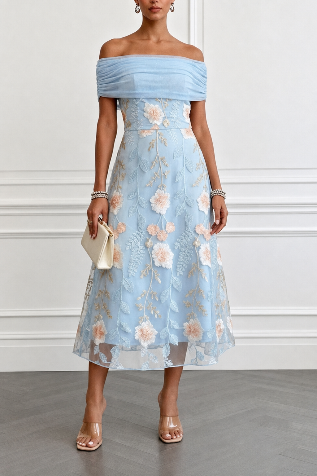 One-Shoulder Floral Applique Midi Dress - view 3