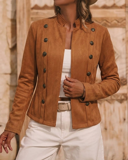 Brown Faux Suede Jacket with Stand Collar - view 5