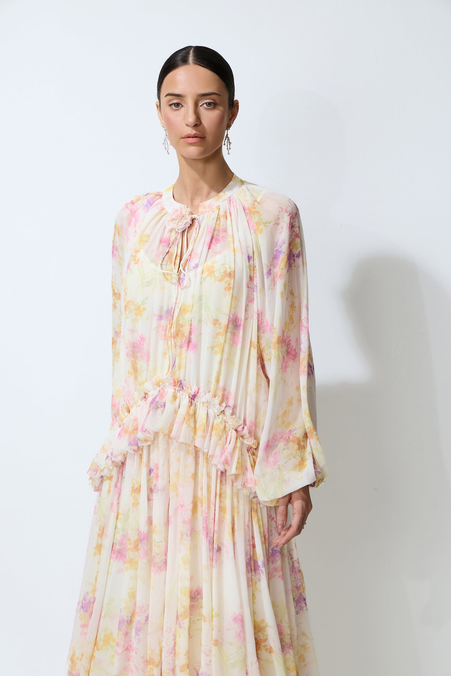 Apricot Chiffon Lantern Sleeve Maxi Dress - view 3