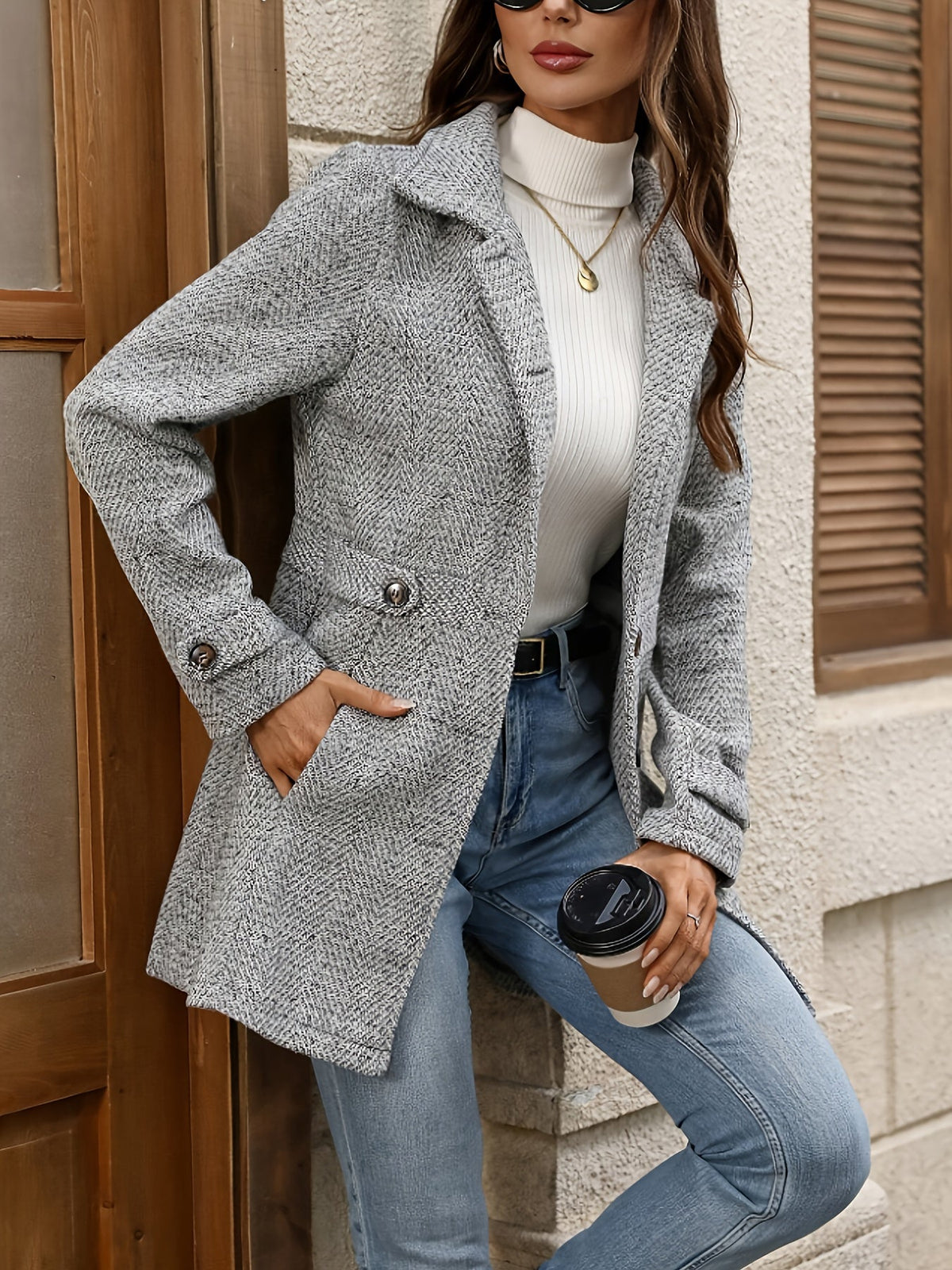 Grey Herringbone Coat with Waist-Defining Fit - view 3