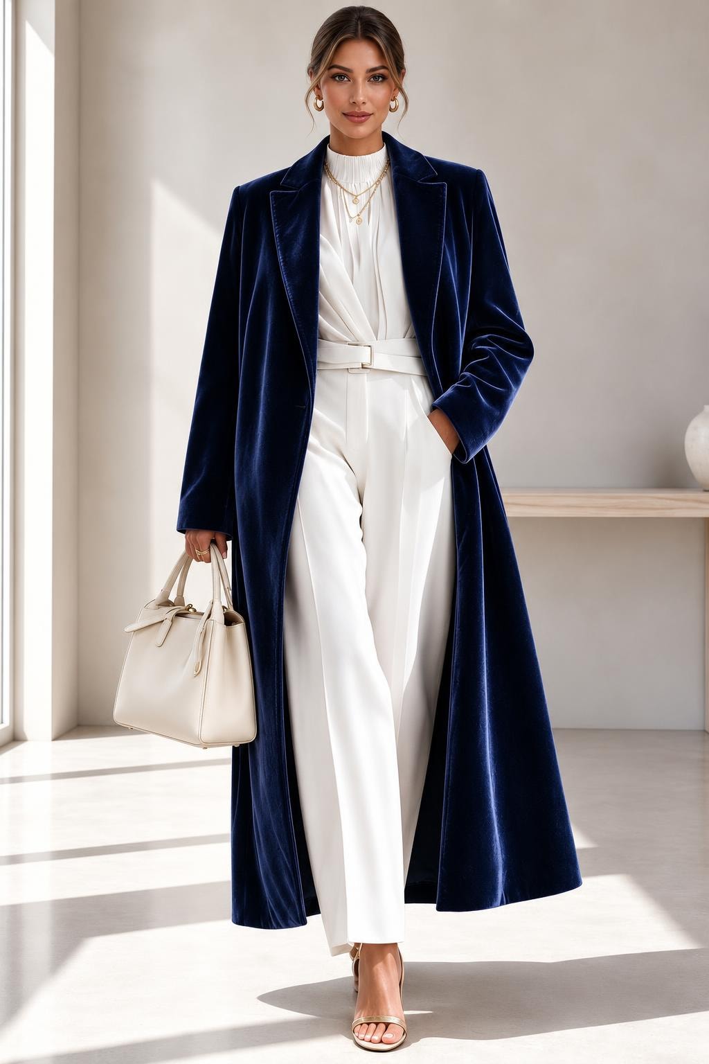Polyester Long Overcoat With Lapel Collar - 7