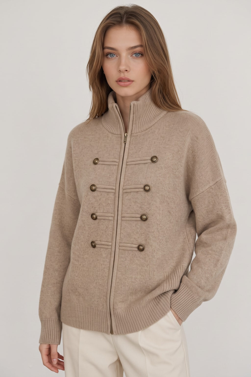 Knit Cardigan with Double Zipper and Button Detail - 5