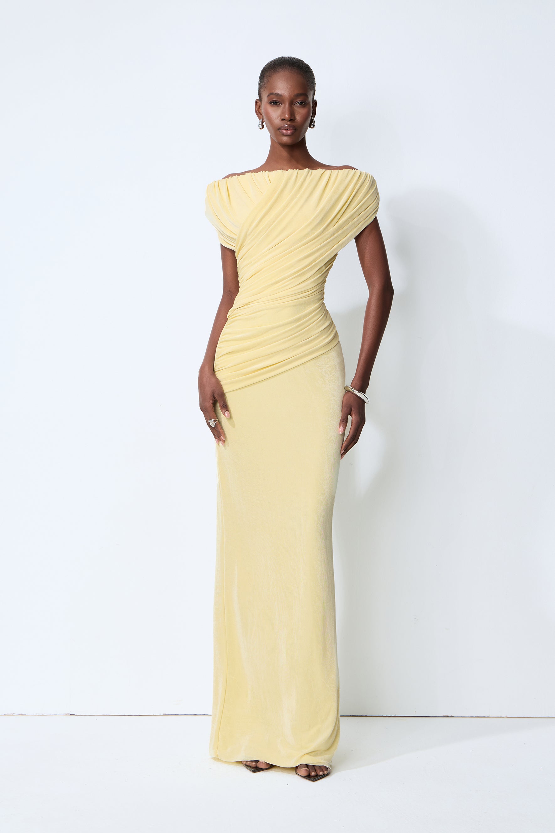 Yellow off-shoulder ruched maxi dress - view 2