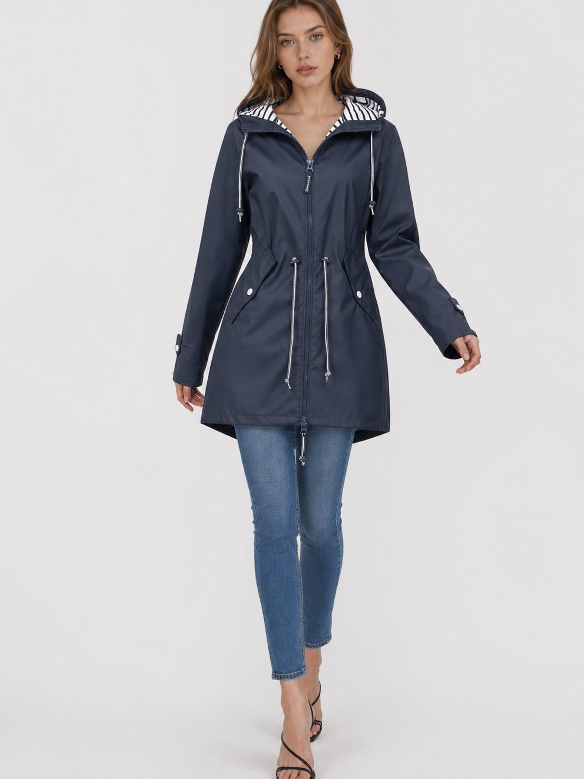 Cozy Water Repellent Hooded Rain Jacket with Drawstring Waist - 2