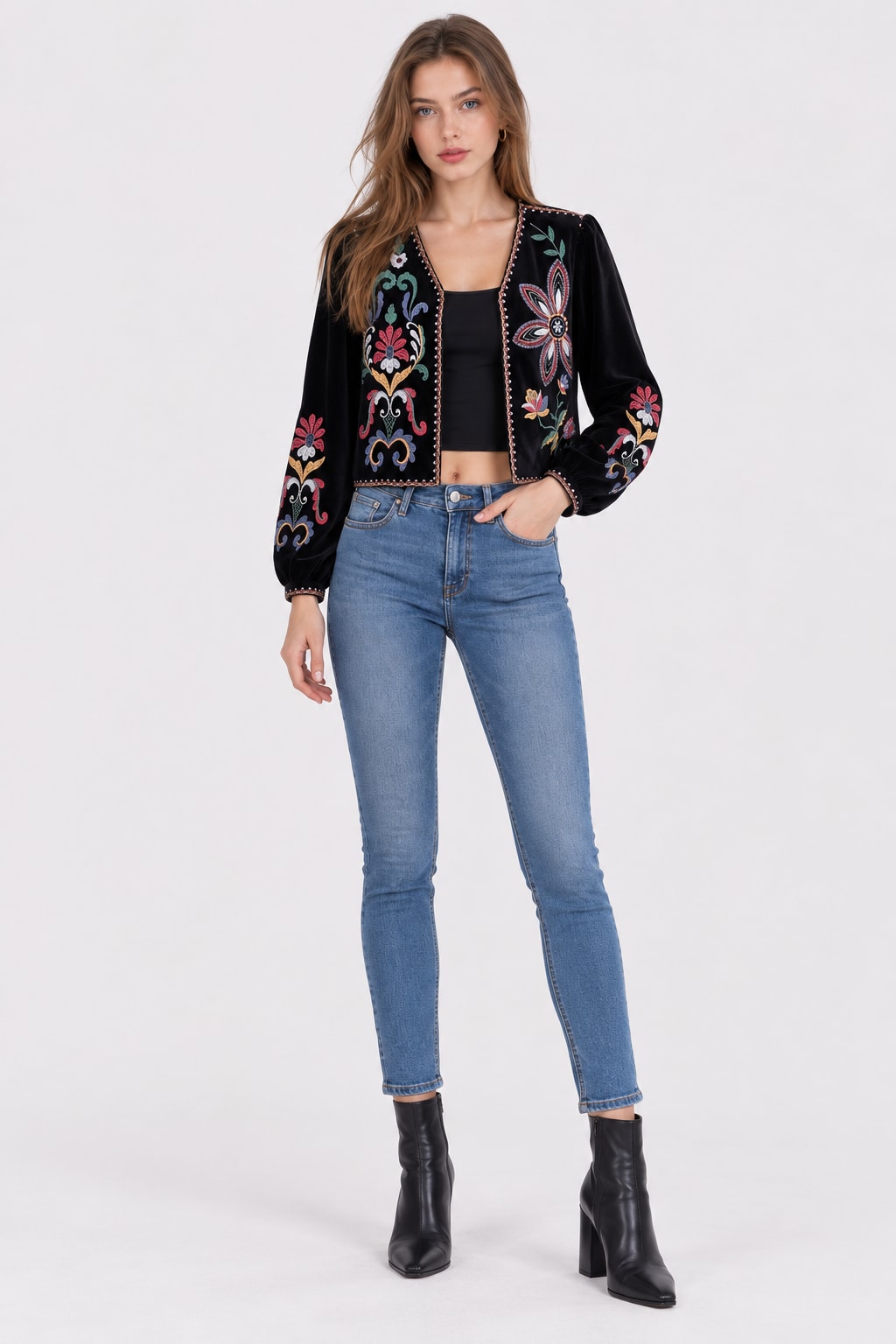 Velvet Jacket Embroidered Floral Street Style - 2
