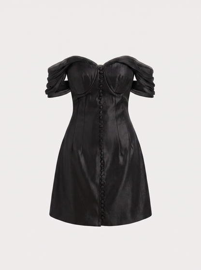 Black satin off-shoulder corset mini dress