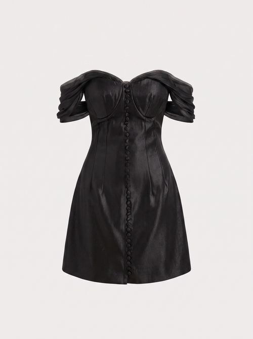 Black satin off-shoulder corset mini dress