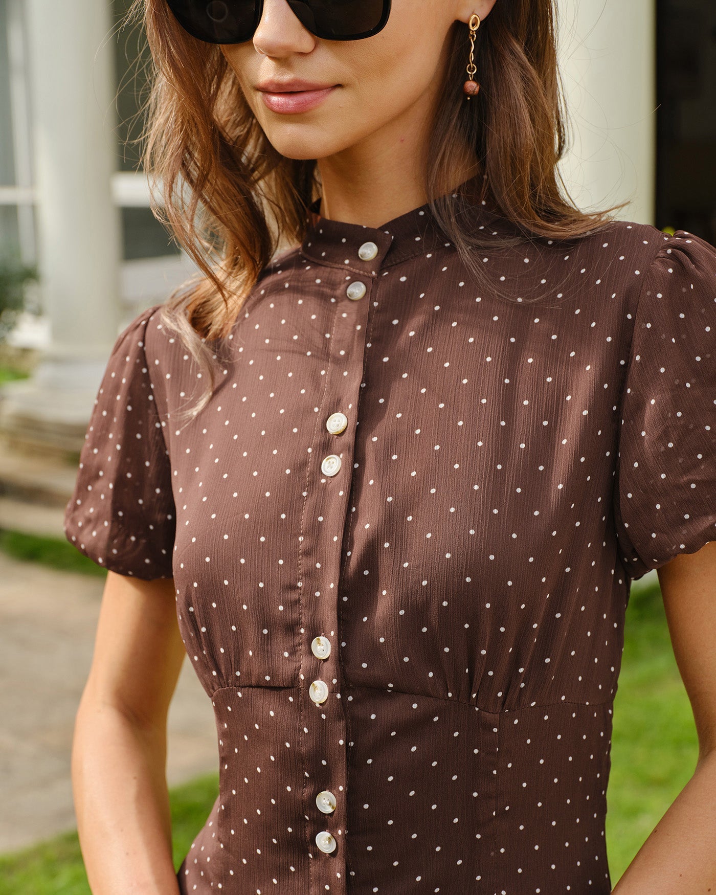 Brown Polka Dot Chiffon Midi Dress - view 3