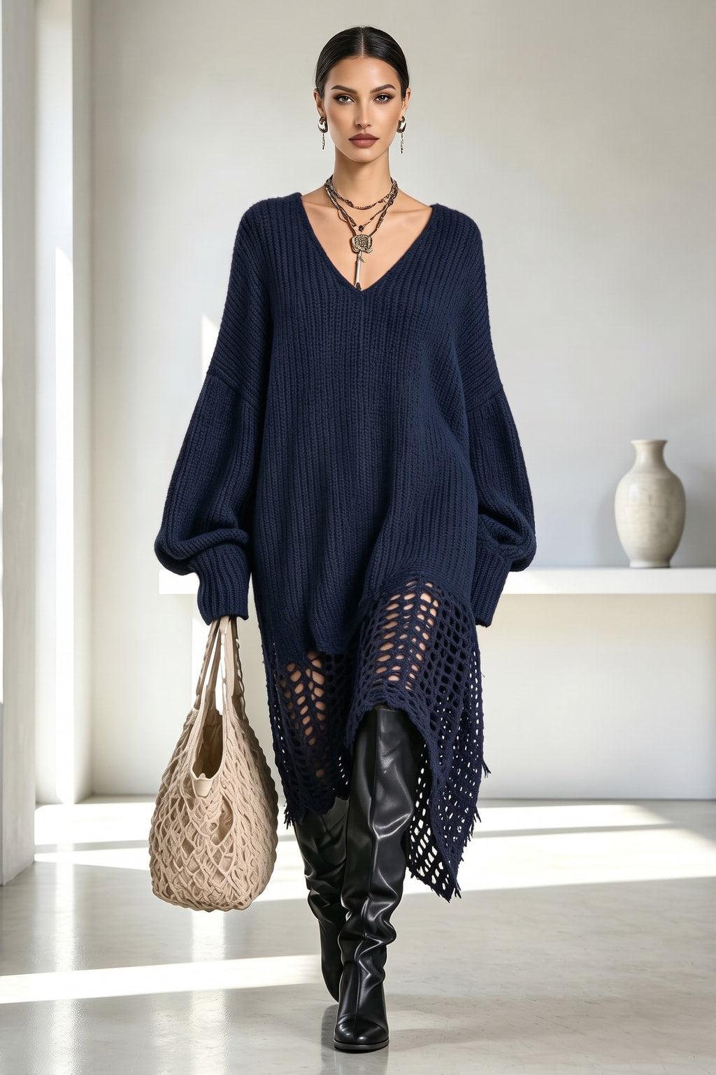 Knit Sweater Midi Dress With Asymmetrical Cutout Hem - 5