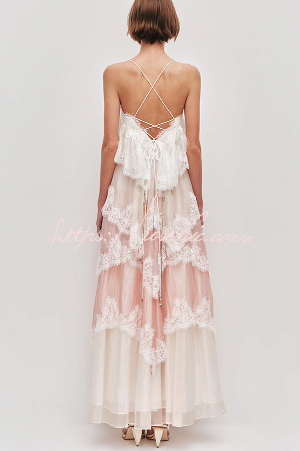 Pink Chiffon Lace Backless Tiered Maxi Dress - view 4