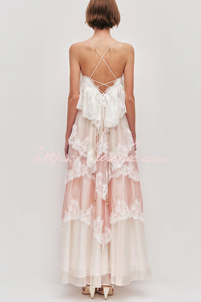 Pink Chiffon Lace Backless Tiered Maxi Dress - view 4