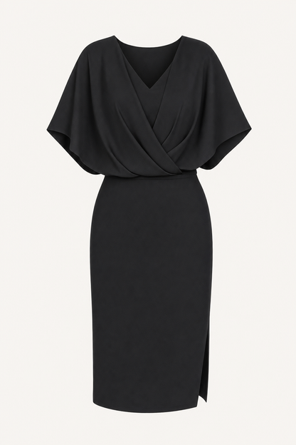 Black Chiffon Pencil Dress with Batwing Sleeves