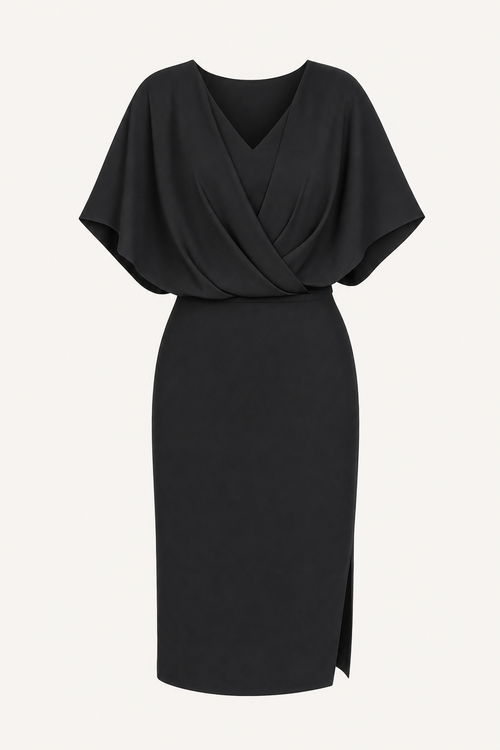 Black Chiffon Pencil Dress with Batwing Sleeves