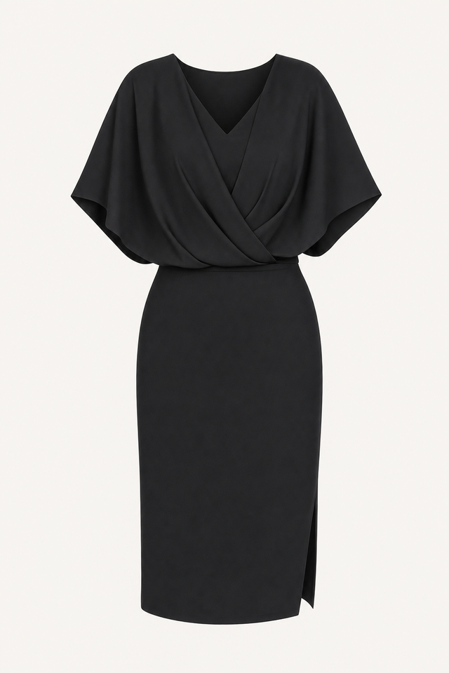 Black Chiffon Pencil Dress with Batwing Sleeves